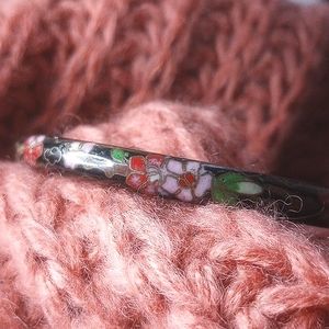Vintage Black and Floral Cloisonne Bangle Bracelet Old Fashioned Collector